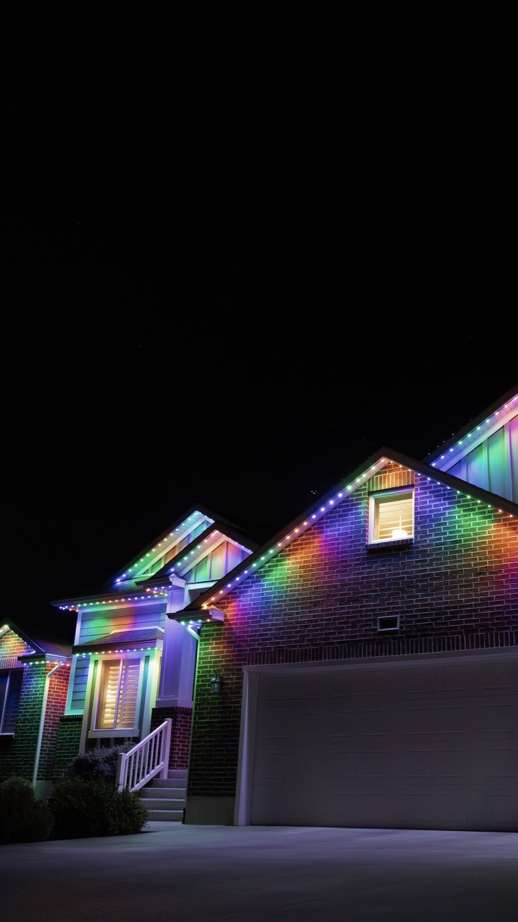 Rainbow holiday colors tracing a home’s gables